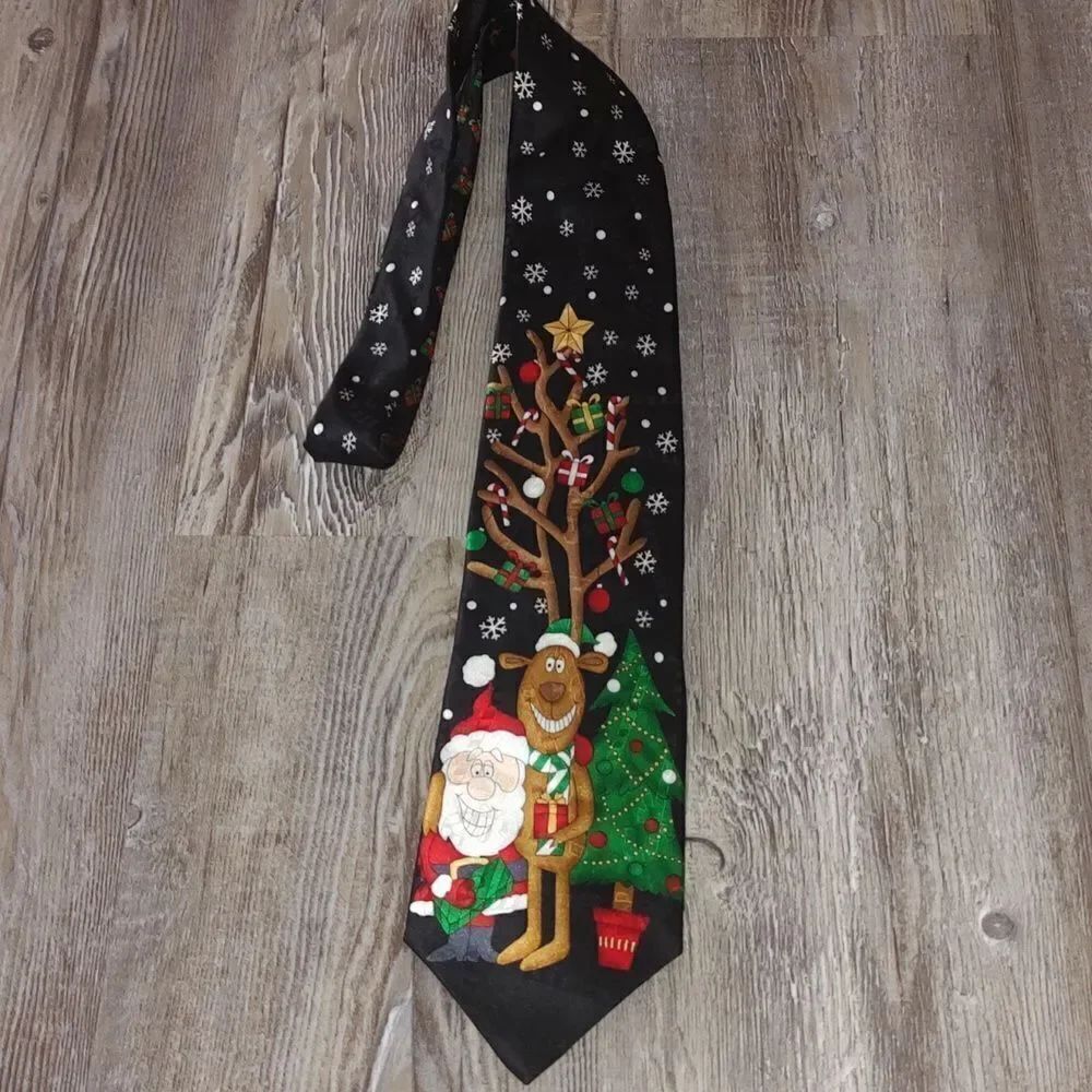 Yule Tie Greetings by Hallmark Happy Holidays Santa Claus Black Silk Necktie Tie